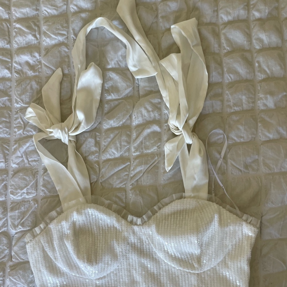 Lulus glowing white sequin bustier tie strap mini dress - Picture 6 of 13